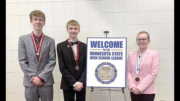Special photo. State place winners Sean Dilley, sixth, Informative; Jacob Haen, sixth, Humorous and Zoe DeBoer, third, Storytelling.