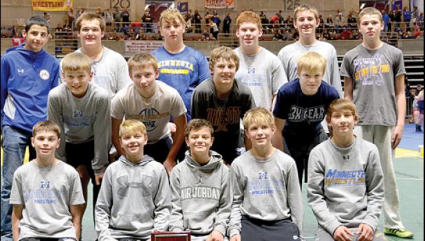 Special photo. The Minneota Seventh and Eighth Grade wrestling team competing at the state tournament in Rochester.