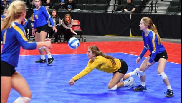 Photo for the Mascot by Brian Jeremiason. Abby Hennen got the dig against New York Mills with Lizzy Gillingham, Morgan Hennen and Ellie Pesch (right) watching.