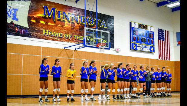 Photo for the Mascot by Brian Jeremiason The Vikings lineup up before the game under the new banner in the remodeled gymnasium.