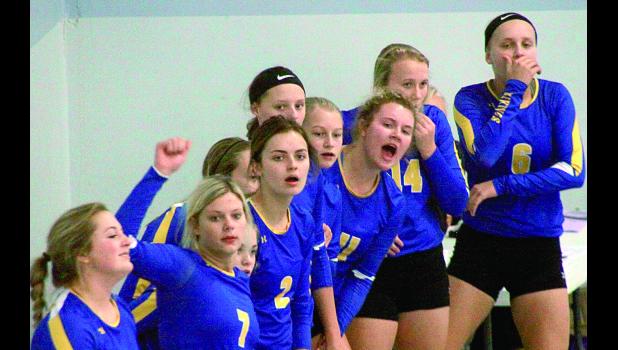 Staff Photo by Byron Higgin Members of the Minneota bench acted as cheerleaders much of the tournament, and often showed concern with the action on the court. They are: (left to right) Sydney Larson, Ali DeVlaeminck, Ellie Pesch, McKenna Yost (hidden), Rachel Vlaminck, Abby Frie, McKenzie Tolk, Brooklyn Nelson, Madison Sorenson and Abby Rost.