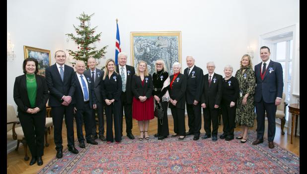 Contributed photo This year's recipients of the Order of the Falcon award received their medals at the home of Iceland President Gudni Th. Johannesson and his wife, Eliza Jean Reid.