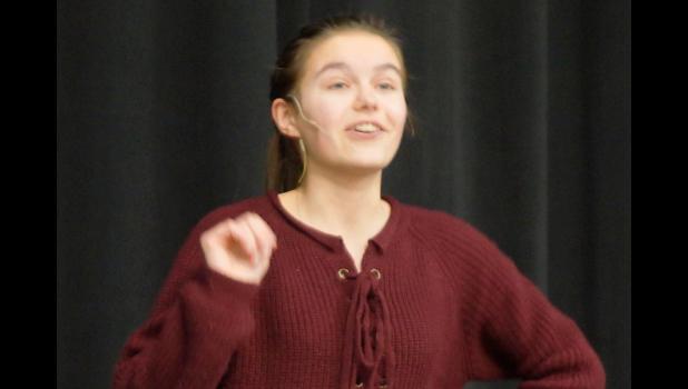 Photo for the Mascot by Sue Jacobson. Cecilia Rabaey performed her original Creative Expression speech.