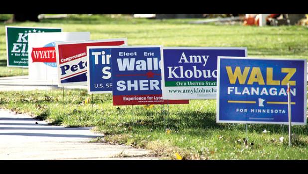 Staff Photo by Byron Higgin. Election signs have popped up all over Minneota as the November 6 general election quickly is moving in.