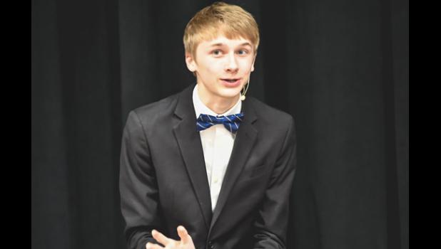 Photo for the Mascot by Brian Jeremiason. Jacob Haen gave his humorous speech centered on the hijinx of putting on a third grade school play.