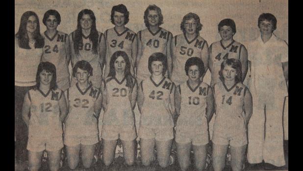 The 1976 Minneota volleyball team. Front row, left to right: Kelly Baugher, Julie Bretschneider, Bev Fier, Phyllis Breyfogle, Dodie Konold, Sandy Wambeke. Back row, left to right: Assistant coach Sue Gigstad, Margaret Fier, Lynda Fier, Kathy Noyes, Shaon Buysse, Cindy Sanow, Cathy DeCock, Head coach Sandy Smith.