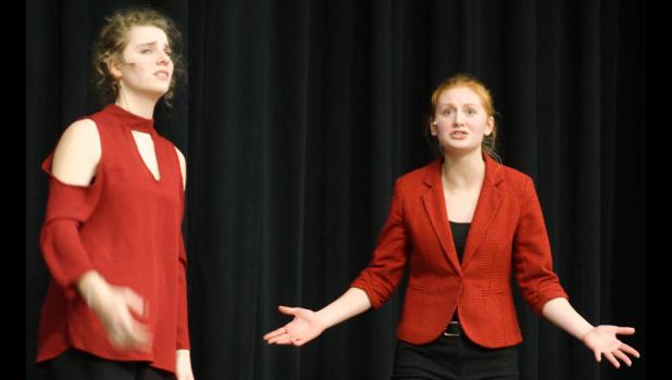 Photo for the Mascot by Sue Jacobson. Tara Thooft (left) and Natalie Bot were part of the Speech and Sweets performance by the Minneota Speech team.
