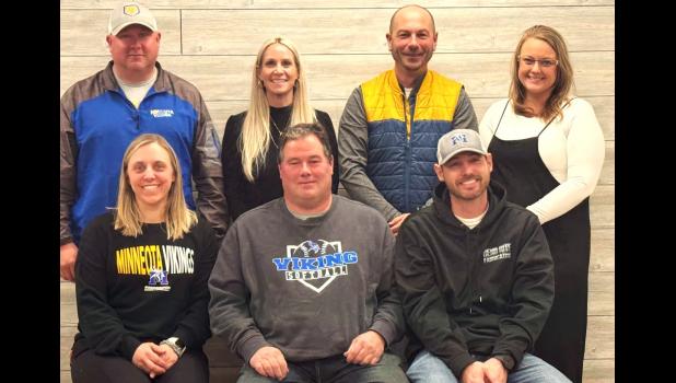 The Minneota School Board. Front, left to right: Abby Thostenson, Martin Hennen, Jon Buysse. Back, left to right: Ryan Runia, Julie Mead. Tom Skorczewski, Emily Coequyt. 