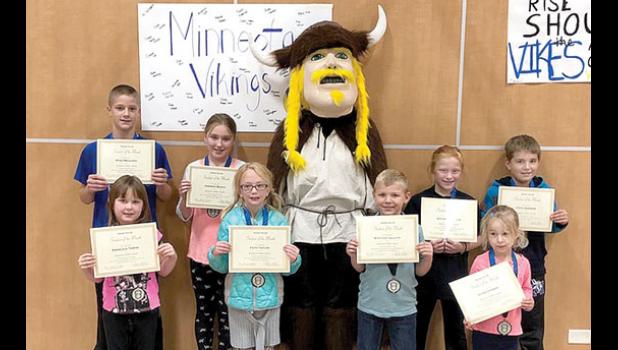 Special photo. Elementary Viking Valor Students for September include: (front row, left to right) Angelica Towne, Faith Taylor, Kester Gillund and Jules Gossen. Back Row: Ryan Meagher, Addison Beach, Autum Anderson and Cole Johnson. (Center Mike the Mascot).