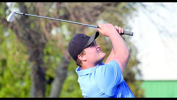 File Photo by Byron Higgin. TJ Esping took a swing. He was tied with Mitchell Rost for the high score for Minneota with an 87.