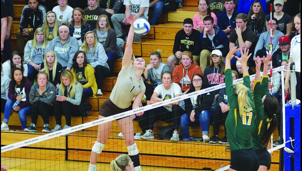 Photo courtesy SMSU Communication Department Taylor Reiss attacks the ball.