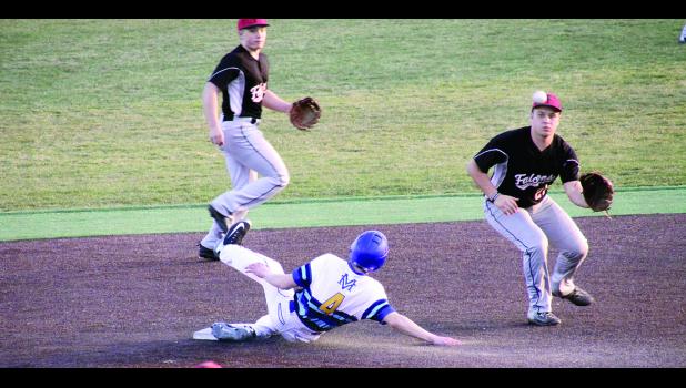 Staff Photo by Byron Higgin. Teddy Pesch slid into second base safely during the 15-1 rout of Red Rock Central/Westbrook-Walnut Grove on Monday at Augustana University. The Falcons' Sam Hansen took the throw.