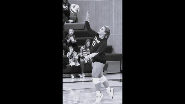 Mascot photo by Reba Lipinski Brooke DeSmet of the Vikings serves against Ortonville last Tuesday in Minneota.