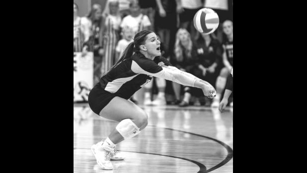 Eden Meagher controls one of her eight digs in the match against Redwood Valley last Thursday in Minneota
