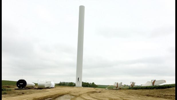 Staff Photo by Byron Higgin. New wind generators are being constructed between Minneota and Ivanhoe, just south of Highway 19 and north of Arco. The Red Pine Wind Power, LLC project began recently and workers with the I.E.A. Renewable Energy, Inc. firm have been doing the work in the area, creating a new wind farm.