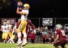 AJ Myhre went high to make a reception against Yellow Medicine East as the Sting's Oscar Galvan (21) was unable to make the stop.