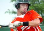 Austin Buysse got out of the way of a fastball delivered by Milroy Irish hurler Cody Mather. The ball hit the nub of the bat for a strike. Buysse was not hurt.