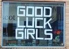 The Minneota Mascot's front window displays well wishes the girls basketball team as they play Belgrade-Brooten-Elrosa for the Class A state championship at 1 p.m. Friday at Target Center.