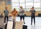 Jacob Haen, left, works with other actors during rehearsal for "Footloose" at SDSU's Prairie Repertory Theatre recently. 