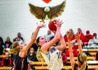 Morgan Hennen drove between Grace Hegland  (left) and Isabelle Schirm of Lac qui Parle Valley to score two of her game-high 24 points. the LqPV Eagle watched over the action (top).