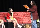 Minneota students rehearse last week for the upcoming spring plays. Left to right: Briley, DeVos, Addison Buysse and Kylie Callens.
