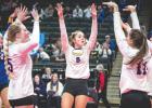 Minneota players celebrate a point in the state semifinal match on Friday at Xcel Energy Center. Left to right: McKenzie Tolk, Ireland Stassen, Natalee Rolbiecki, Elivia Faris and Abby Frie. 
